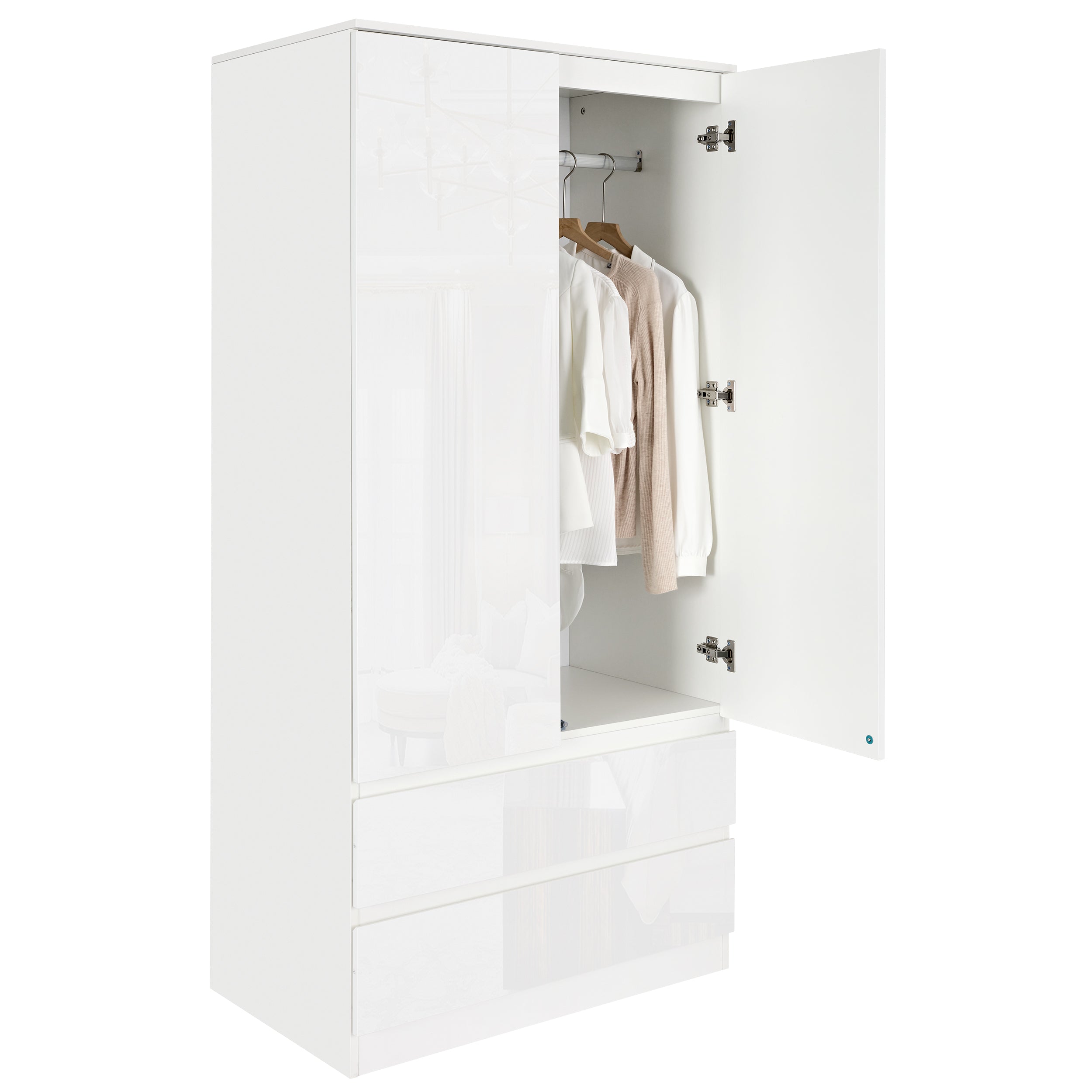 Blisswood High Gloss 2 Door Wardrobe, 8 Drawer Chest, 2x2 Drawer Bedside Bedroom Set