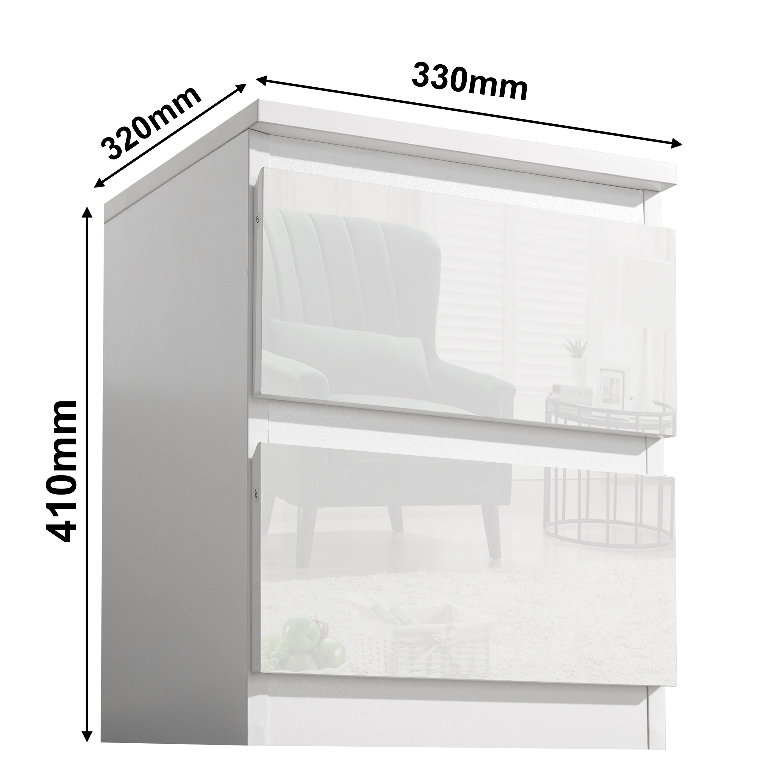 Blisswood High Gloss 3 Door Wardrobe, 3 Drawer Chest, 2x2 Drawer Bedside Bedroom Set