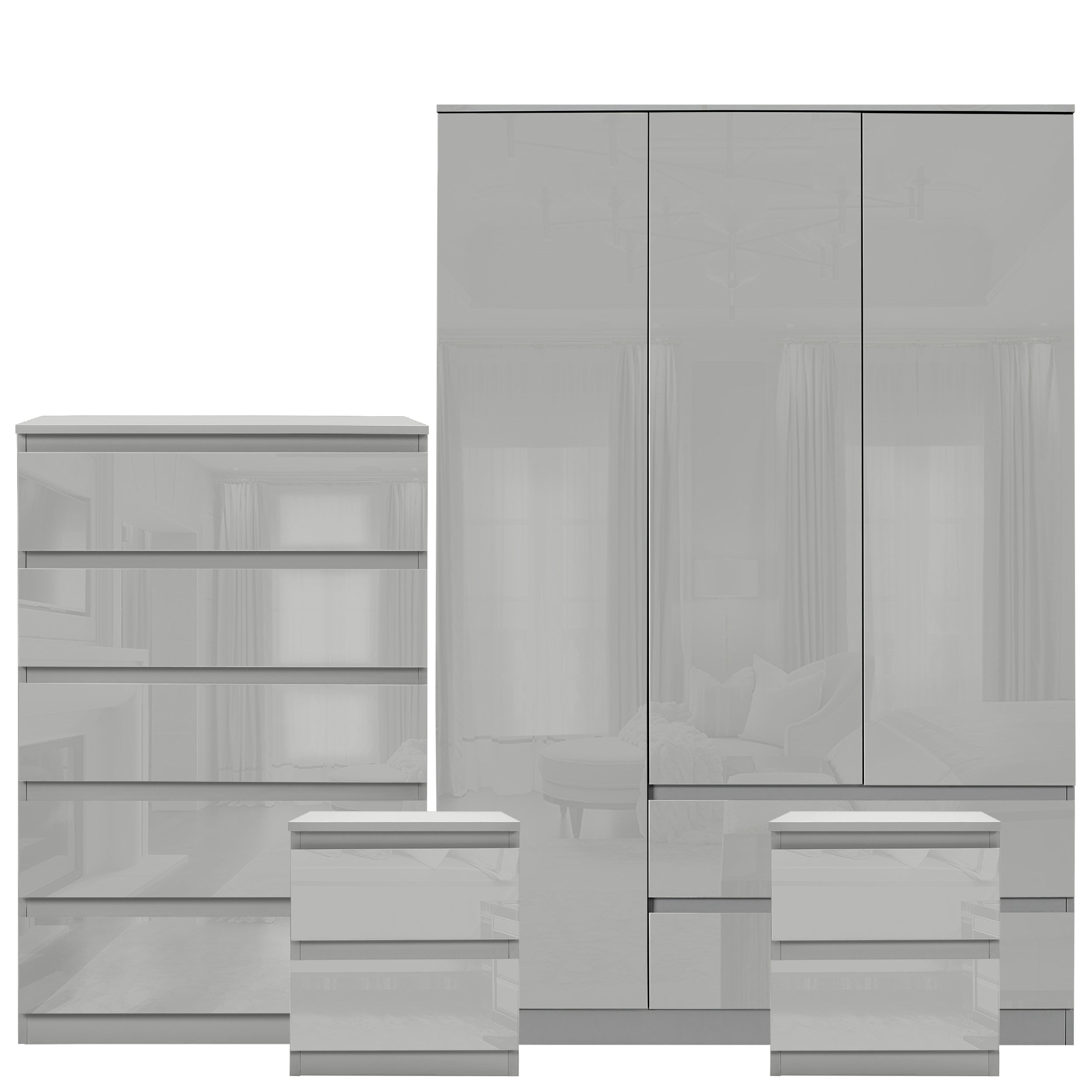 Blisswood High Gloss 3 Door Wardrobe, 5 Drawer Chest, 2x2 Drawer Bedside Bedroom Set