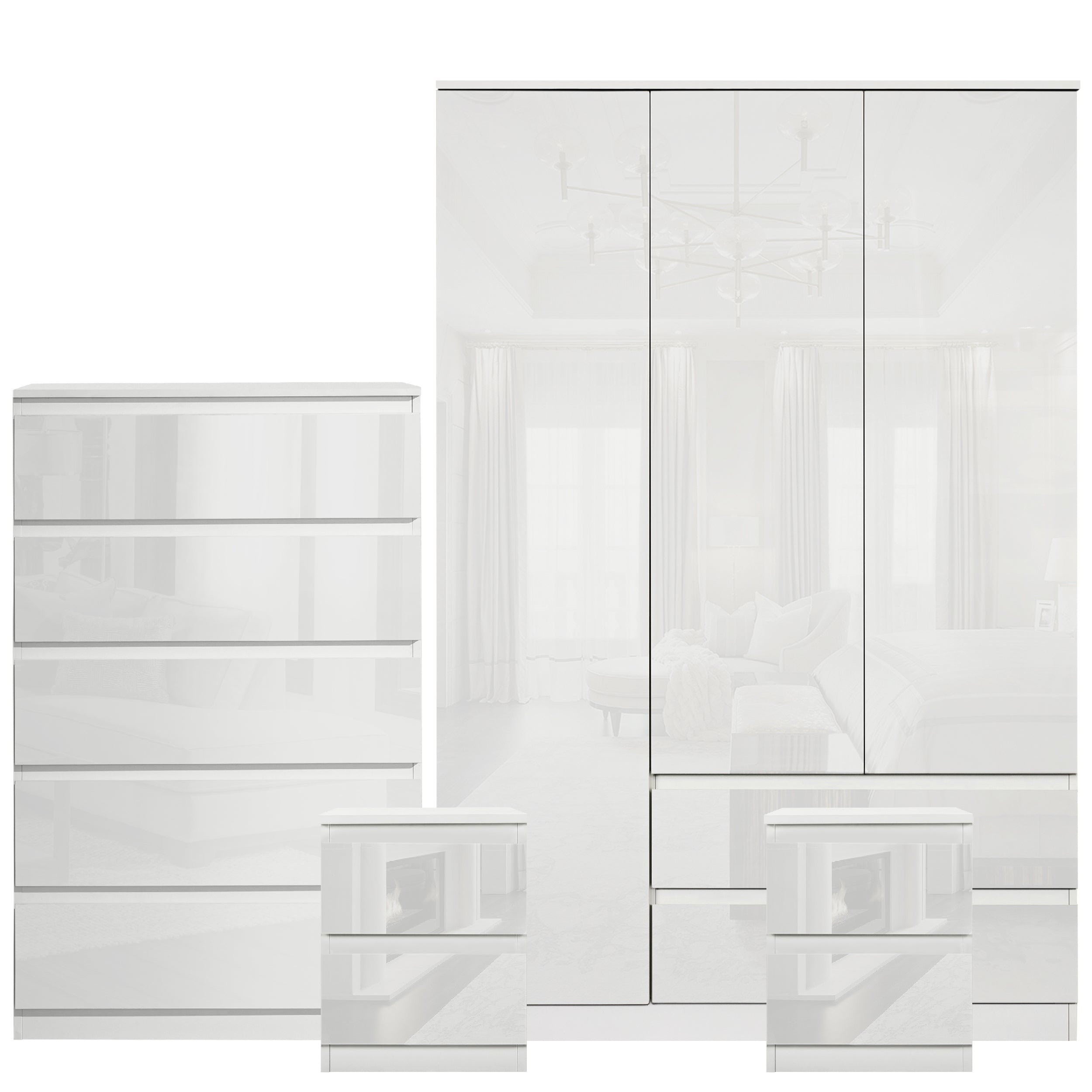 Blisswood High Gloss 3 Door Wardrobe, 5 Drawer Chest, 2x2 Drawer Bedside Bedroom Set