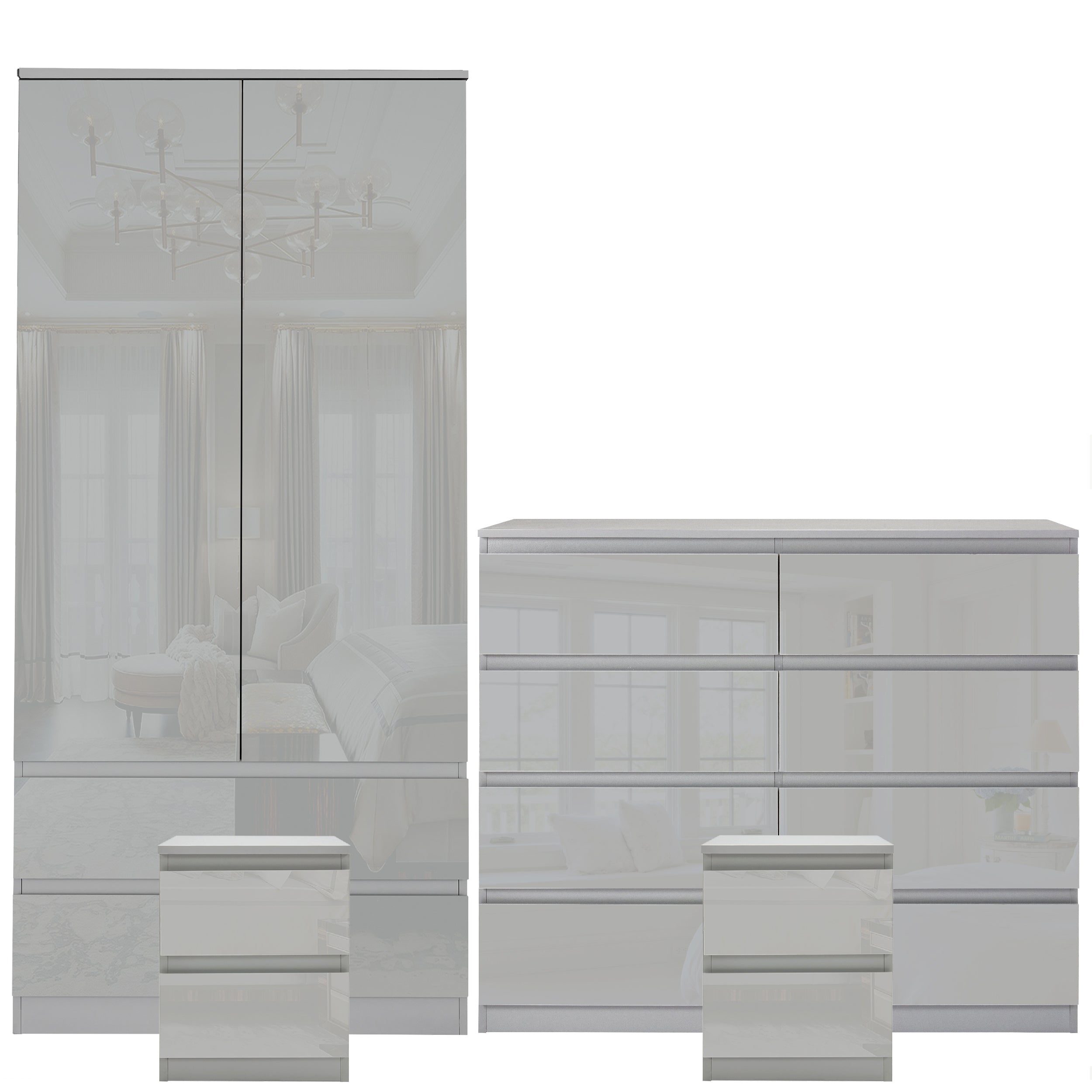 Blisswood High Gloss 2 Door Wardrobe, 8 Drawer Chest, 2x2 Drawer Bedside Bedroom Set