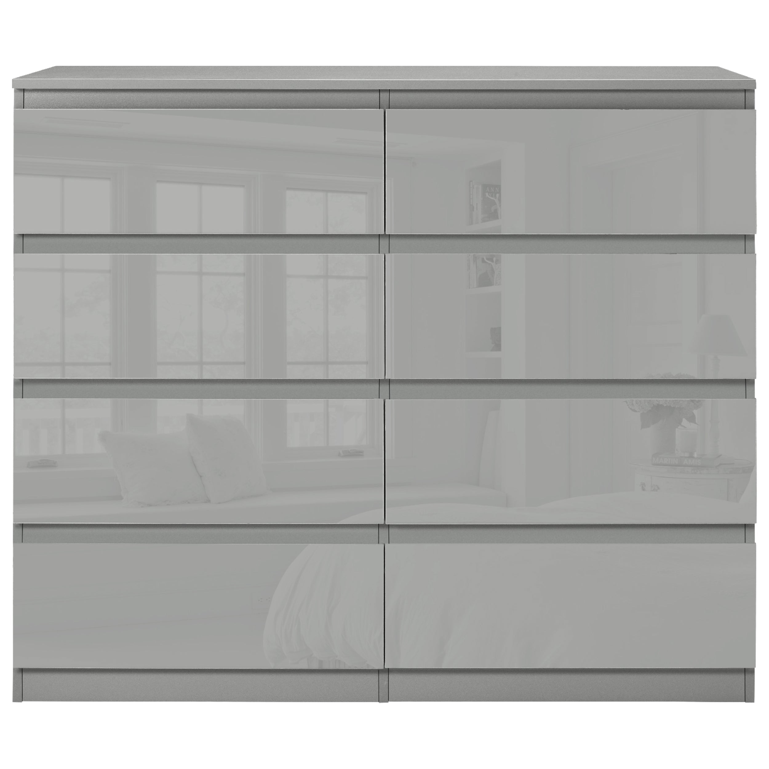 Blisswood High Gloss 2 Door Wardrobe, 8 Drawer Chest, 2x2 Drawer Bedside Bedroom Set