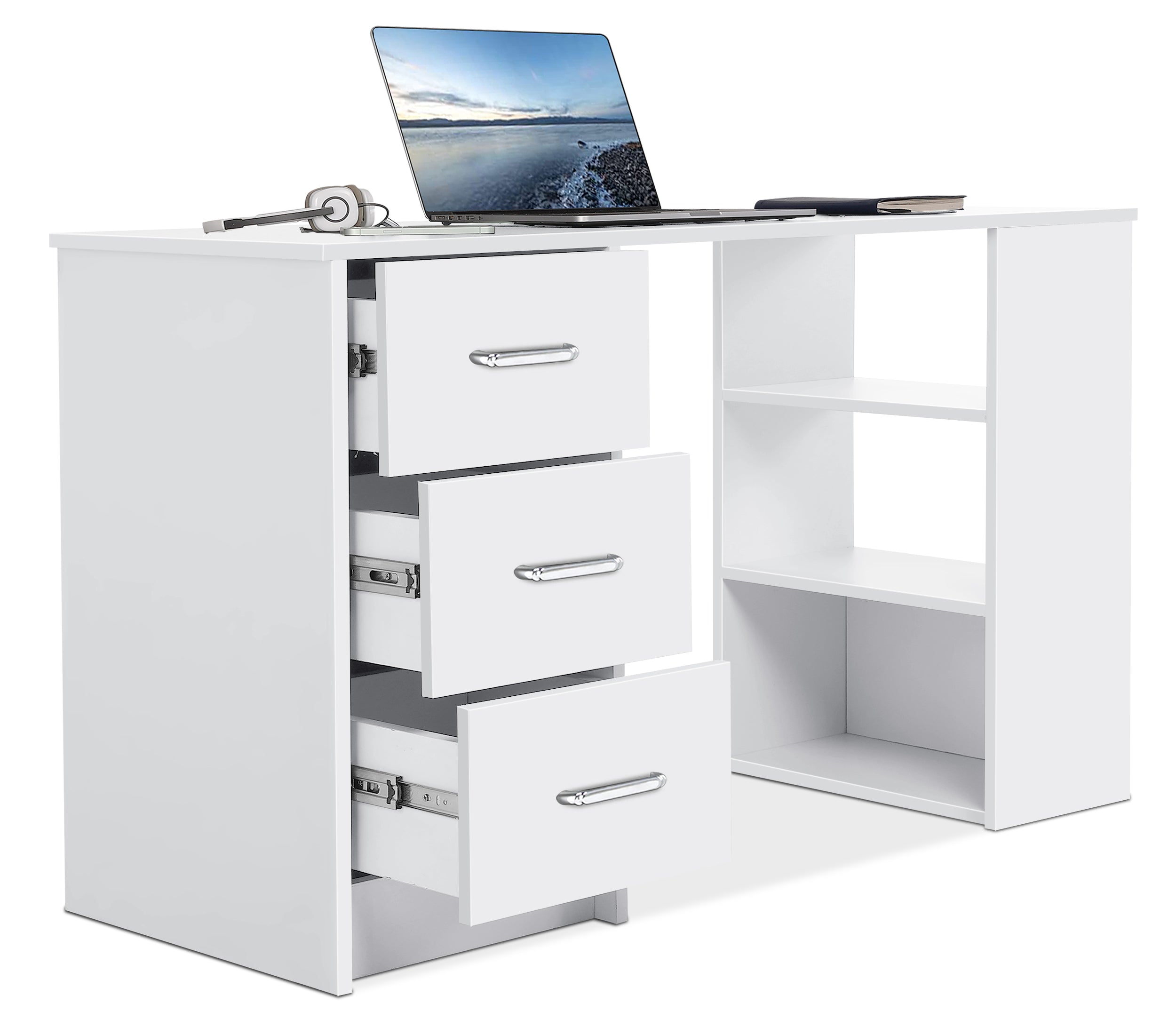 white desk with drawers